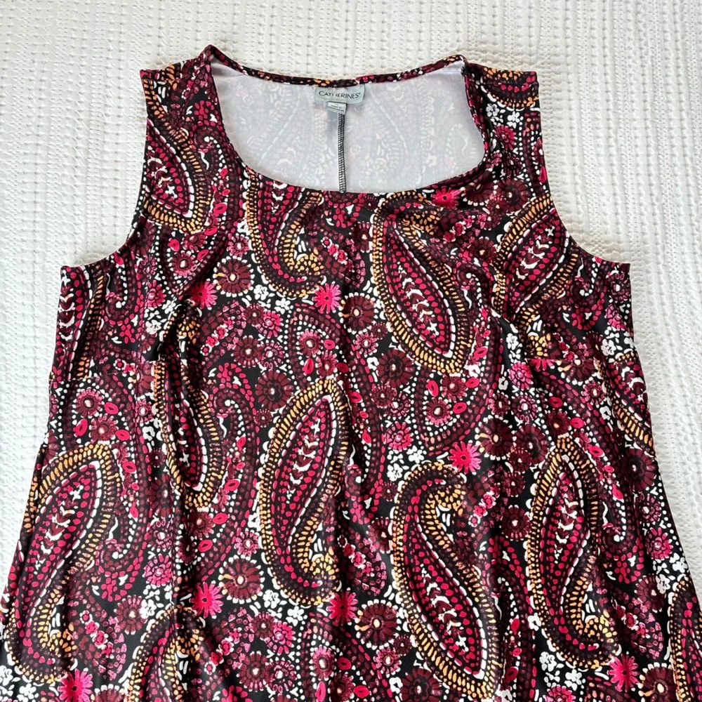 Catherines Dress Midi Tank Black Red Paisley Slinky Wrinkle Free 0X